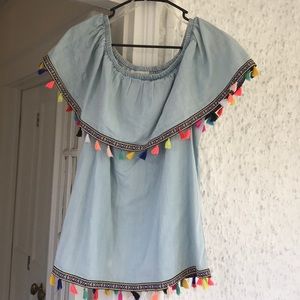 Off the should blue top with tassels